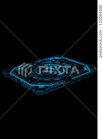 Glowing Blue Hexagonal Tech Interface on Black Background 128064086
