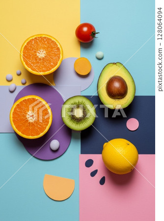 Vibrant Fruit Flatlay with Colorful Background 128064094