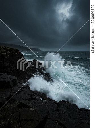 Dark Stormy Ocean Waves Crashing on Rocky Coast 128064152