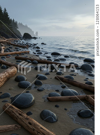 Dark Rocks and Driftwood on a Misty Beach 128064153