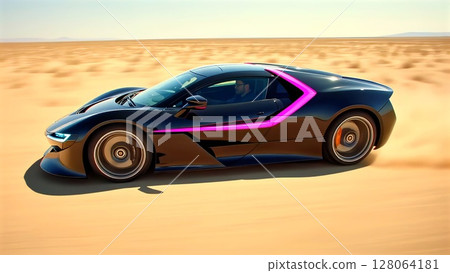 Sleek purple trimmed sports car speeding across barren desert, driver gripping steering wheel, intense concentration defining high performance journey through windswept terrain 128064181