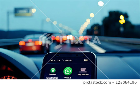 Smartphone resting on car dashboard displaying messaging interface, blurred highway backdrop revealing dangers of distracted driving during twilight hours 128064190