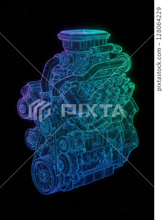 Abstract Digital Engine Blueprint in Neon Colors 128064229