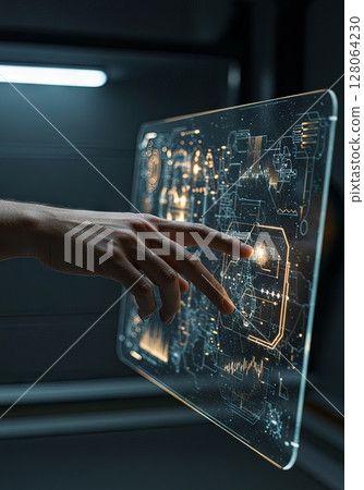 Hand Interacting with Futuristic Transparent Interface 128064230