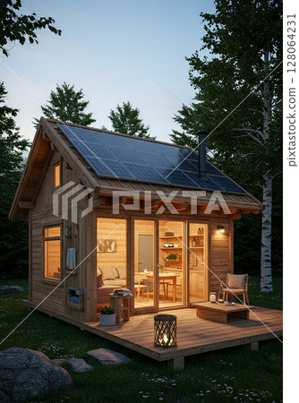 Cozy Wooden Cabin with Solar Panels at Dusk Cozy Wooden Cabin with Solar Panels at Dusk 128064231