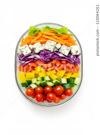 Layered Vegetable Salad with Blue Cheese in Glass Bowl Layered Vegetable Salad with Blue Cheese in Glass Bowl 128064261