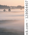 Misty Sunrise Landscape with Pale Pink Sky 128064407