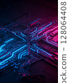 Abstract Circuit Board with Pink and Blue Neon Lights 128064408