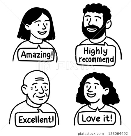 Doodle people with review quotes hand drawn style testimonial set for banners and social media Doodle people with review quotes hand drawn style testimonial set for banners and social media 128064492