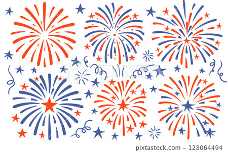 Colorful fireworks icon set in red blue and yellow flat cartoon style 128064494