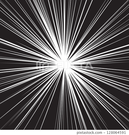 Explosion burst effect for anime motion, dramatic impact scenes. Dynamic speed lines on black background. Vector illustration. 128064591