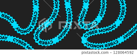 Cyber Monday Sale Ribbon Banner with Turquoise Text on Black Tape. Wavy Striped Advertising Design Isolated on Dark Background for Ecommerce, Promotions, and Shopping Ads. Vector Illustration 128064592
