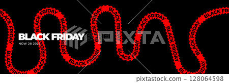 Jagged promo ribbon, bold red tape, sharp wave line for Black Friday zone, aggressive sale sticker, dark background design, retail urgency element. Vector illustration 128064598