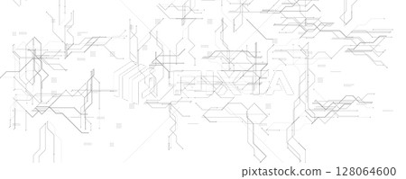 Minimal Tech Circuit Lines. Clean White Background with Geometric Network Design in Thin Black Strokes. Perfect for UI, Modern Data Interfaces, and AI Systems. Vector Illustration. 128064600