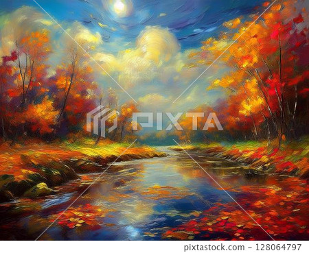 漂浮的雲海_紅黃的樹葉_靜靜的溪流_落葉的地毯_晴朗的秋日天空_風聲 128064797