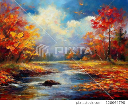 漂浮的雲海_紅黃的樹葉_靜靜的溪流_落葉的地毯_晴朗的秋日天空_風聲 漂浮的雲海_紅黃的樹葉_靜靜的溪流_落葉的地毯_晴朗的秋日天空_風聲 128064798