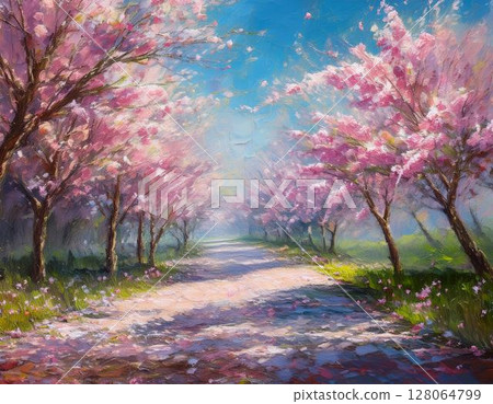 花瓣隨風飛舞_淡粉紅色的花朵_透過樹梢的陽光和光影_藍天和櫻花_花徑飄落 花瓣隨風飛舞_淡粉紅色的花朵_透過樹梢的陽光和光影_藍天和櫻花_花徑飄落 128064799