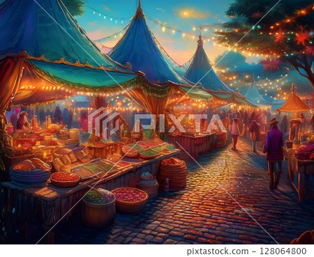 魔法市場－一個有帳篷和攤位、魔法物品和奇怪食物的水上市場。 128064800