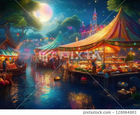 魔法市場－一個有帳篷和攤位的水上市場，出售魔法物品和奇怪的食物。 128064801