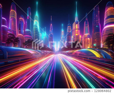 未來城市夜景－摩天大樓閃耀著彩虹色的霓虹燈，汽車在空中飛馳，透明的人行道相互交叉，構成一個未來城市。 128064802