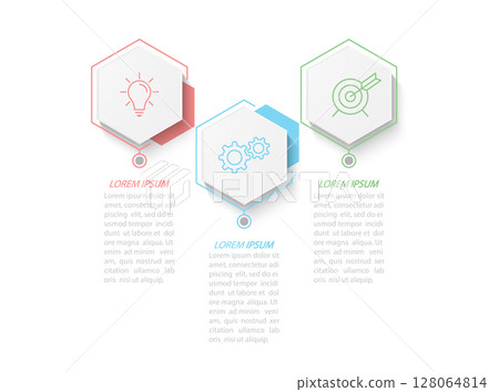 Business Infographics. 3 steps to achieve the result. Stages of development, workflow, marketing or plan. Business strategy with icons. Diagram of the report, statistics and training. 128064814