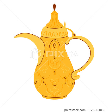 Traditional Arabic coffee pot Dallah. Antique copper pot common in Middle East, Yemen, Oman, Qatar. Vector illustration for coffee shop in flat style. 128064830