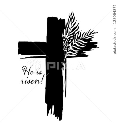 Christian cross monochrome with palm leaves. He is risen hand drawn. Not AI, Vector 128064875