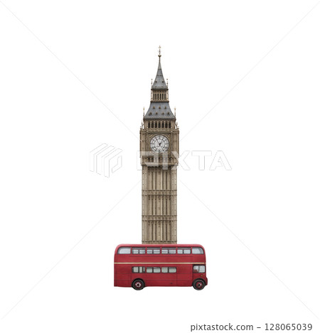Red double decker bus is parked in front of iconic Big Ben clock tower, symbolizing London. historic architecture and vibrant vehicle create classic British scene 128065039