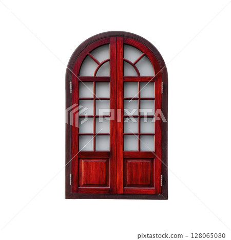 Elegant arched wooden door with rich red finish and glass panels, perfect for adding classic touch to any architectural design 128065080