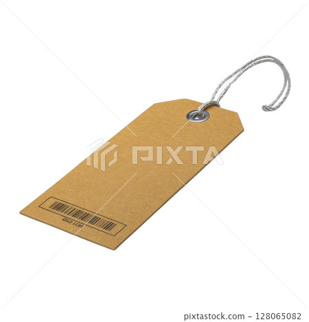 Brown paper tag with string attached, featuring barcode at bottom, is isolated on transparency background. tag is simple and versatile, suitable for various labeling needs 128065082
