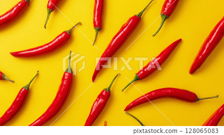 Fresh red chili peppers scattered on bright yellow background, minimalist flat lay composition 128065083
