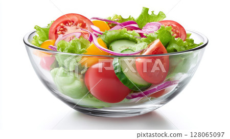 Clear glass bowl filled with colorful fresh vegetable salad including tomatoes, cucumbers, lettuce and red onion isolated on clean white background 128065097