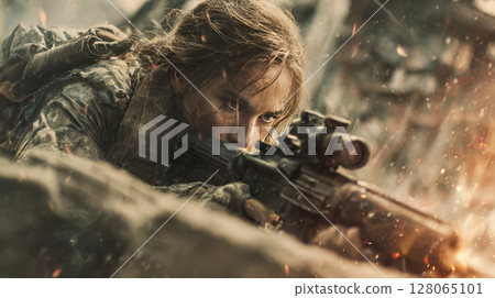 A female soldier sniper fires a rifle from behind debris during combat operations in the war A female soldier sniper fires a rifle from behind debris during combat operations in the war 128065101