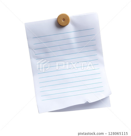 Sheet of lined paper is pinned to surface with wooden thumbtack, showing slightly crumpled texture. paper is blank, ready for notes or writing Sheet of lined paper is pinned to surface with wooden thumbtack, showing slightly crumpled texture. paper is blank, ready for notes or writing 128065115