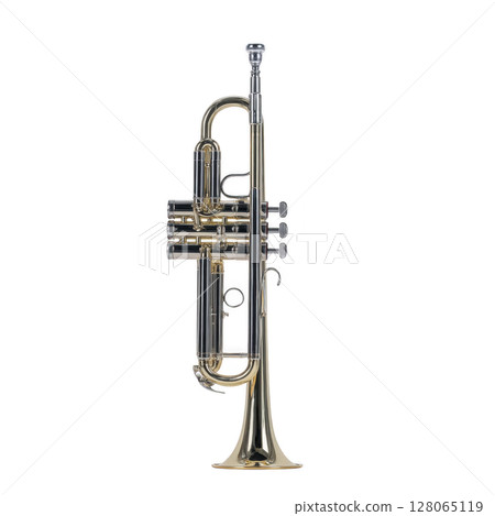 Shiny brass trumpet with silver accents stands upright, showcasing its intricate valves and mouthpiece. instrument elegant design highlights its role in jazz and classical music 128065119