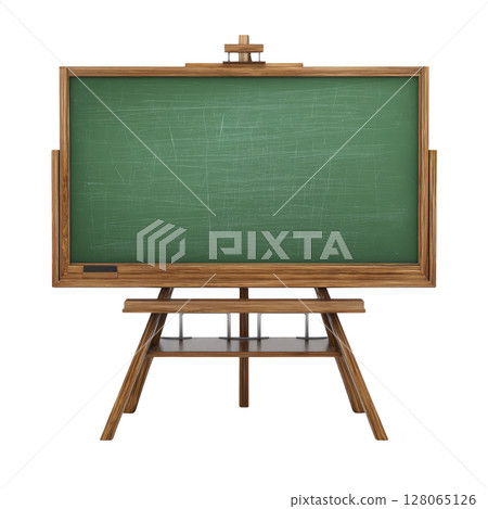 Wooden easel holds green chalkboard with blank surface, ready for writing or drawing. classic design evokes sense of nostalgia and creativity, perfect for educational settings 128065126