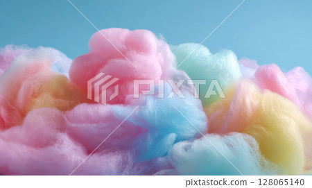 Fluffy cotton candy rainbow colors, airy clouds background, abstract candy texture 128065140