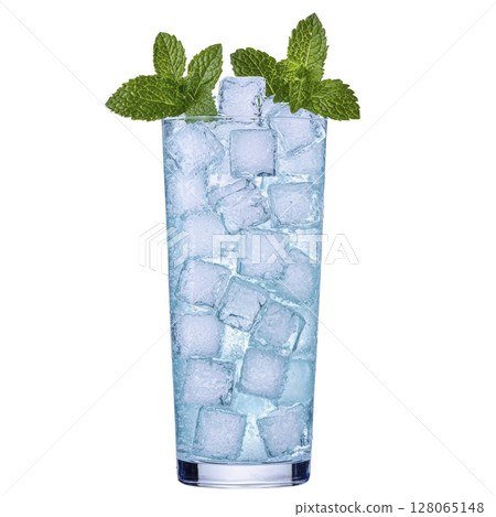 Refreshing tall glass filled with ice cubes and garnished with fresh mint leaves, perfect for cool drink on hot day 128065148