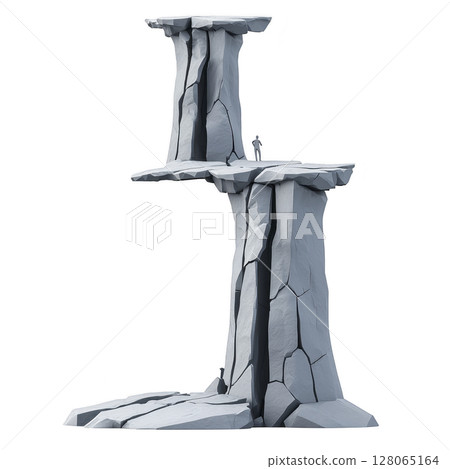 Tall, stylized rock formation with two levels, featuring sharp edges and cracked surface, stands against plain background. structure resembles natural stone pillar 128065164
