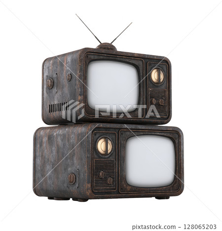 Two vintage televisions with antennas are stacked, showcasing retro design with rusty, weathered appearance. nostalgic style evokes sense of history and timelessness 128065203