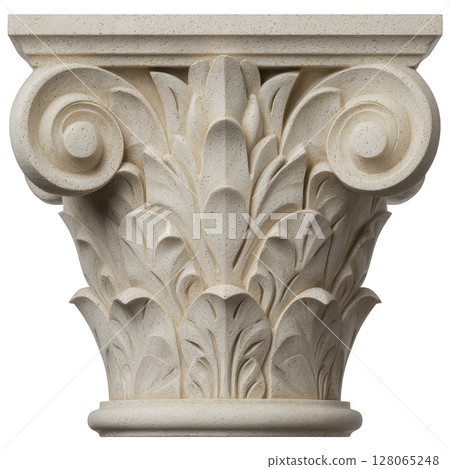Intricately carved Corinthian capital features ornate acanthus leaves and volutes, showcasing classical architectural elegance. detailed stonework highlights its historical significance 128065248