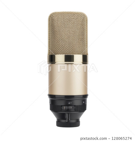 Gold and black studio microphone with mesh grille, designed for professional audio recording, stands out against transparency background. sleek design and metallic finish convey sense of quality 128065274