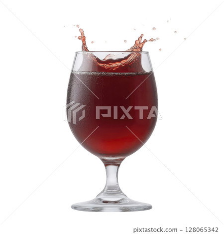 Splash of red liquid in clear glass goblet creates dynamic and refreshing scene. droplets are captured mid air, adding sense of motion and excitement Splash of red liquid in clear glass goblet creates dynamic and refreshing scene. droplets are captured mid air, adding sense of motion and excitement 128065342