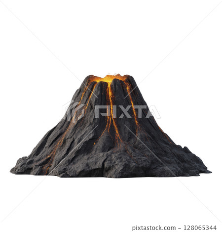 Fiery volcano erupts with glowing lava flowing down its rugged slopes, creating dramatic and intense scene. dark, rocky surface contrasts with bright, molten lava 128065344