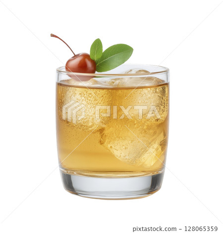 Refreshing cocktail in clear glass with ice cubes, garnished with cherry and green leaf, evokes sense of elegance and sophistication 128065359