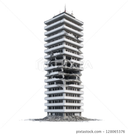 Tall, modern building with significant structural damage and debris, showing multiple floors collapsed inward, illustrating aftermath of disaster or demolition Tall, modern building with significant structural damage and debris, showing multiple floors collapsed inward, illustrating aftermath of disaster or demolition 128065376