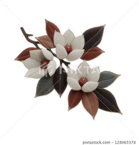 Elegant embroidered magnolia flowers with detailed leaves on branch, showcasing intricate stitching and harmonious color palette 128065378