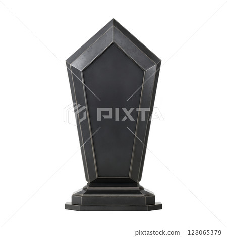 Tall, black, pentagonal tombstone with smooth surface and sturdy base, perfect for engraving. sleek design adds modern touch to traditional memorials 128065379