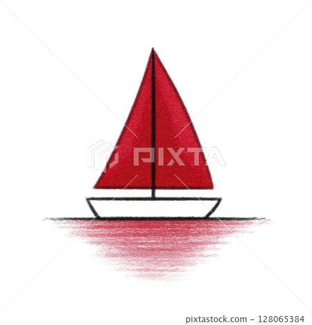 Simple illustration of red sailboat with reflection on water, evoking sense of calm and adventure. minimalist design highlights vibrant red sail against transparency background 128065384