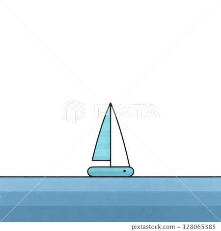 Minimalist illustration of sailboat with blue hull and white sail gliding on calm blue water, evoking sense of tranquility and simplicity 128065385